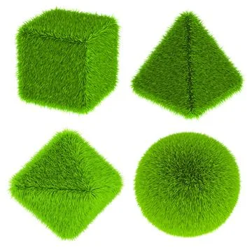 Grass cube, grass sphere, pyramid and octahedron from green grass, 3D renderi Stock Illustration