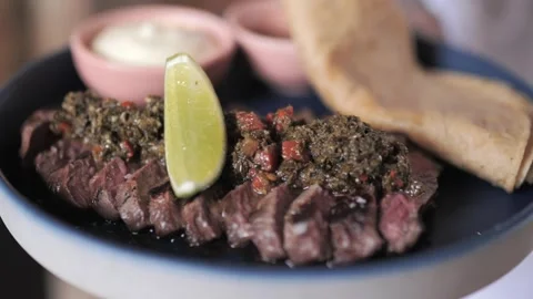Grass Fed Rib Eye Fillet with Garnish Mexican Dish Stock Footage 305022004