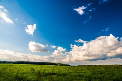 Grass field and dramatic sky at sunset Stock Photos