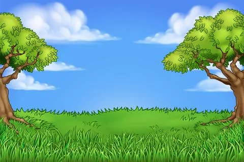 Grass Field Park Background With Trees Landscape 스톡 일러스트