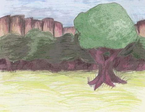 Grass Field with Tree and Cliffs Stock Photos