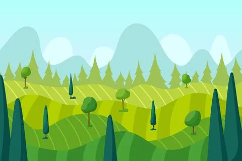 Grass fields landscape. Scenic sky. Spring hills with green trees. Meadow lan Illustrazione stock