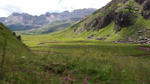 Grass fields in the Pyrenees with mountains in the background Stock Footage 61584519