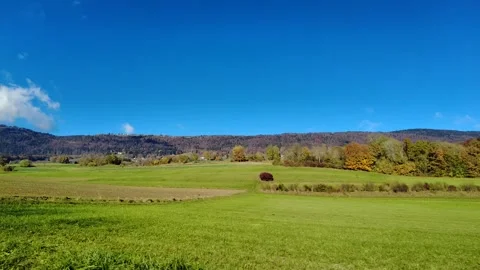 Grass fields, rolling hills, and a clear blue sky in Swiss mountains 스톡 동영상 303979872