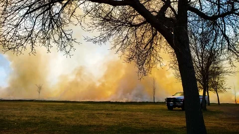 Grass fire prescribed burn for prairie restoration with firefighter Video stock 107150277