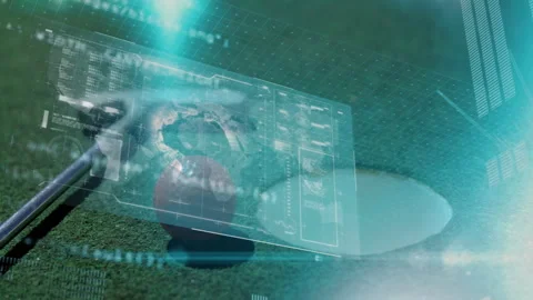 On grass, golf ball with digital data overlay and animation holographic display Stock Footage 304644329