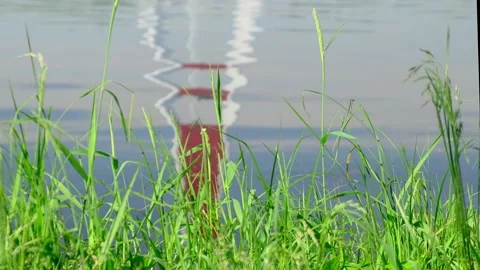 Grass grows by river with lighthouse reflection in water Stock Footage 136420472