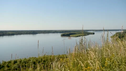 The grass grows on the steep bank of a large river. Stock Footage 93559598