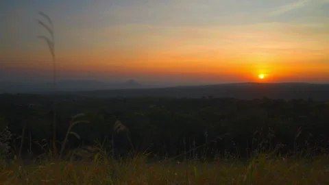 Grass on hill of sunrise sky background view Stock Footage 260764129