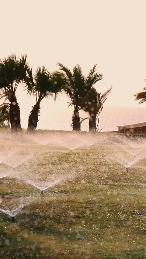Grass irrigation. Lawn irrigation system. lawn sprinkler. irrigation system. Stock Footage 319778710