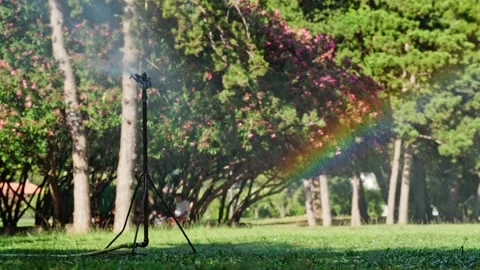 Grass irrigation sprayer spins in a circle and sprays the lawn in the city park Stock Footage 201488592