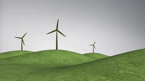 Grass landscape with hills and wind turbine plants Stock Footage 332815272