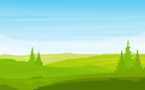 Grass Landscape with Sky Trees Clouds vector illustration. Spring landscape Stock-Illustration