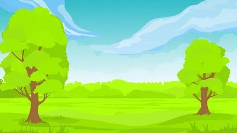 Grass Landscape with Sky Trees Clouds vector illustration. Spring landscape Stock Illustration