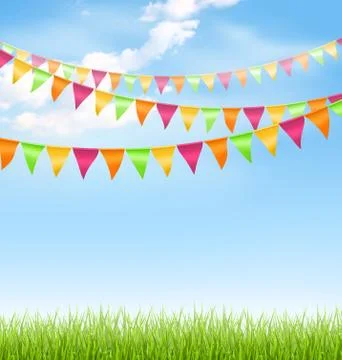 Grass lawn with bright buntings clouds on blue sky Stock Illustration
