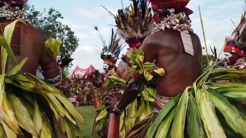 Grass leaf skirts bounce in slow motion as performers dance, Goroka Show Stock Footage 116956510