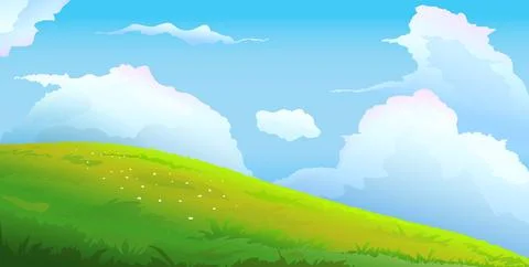 Grass meadow landscape background and clouds scene Stock Illustration
