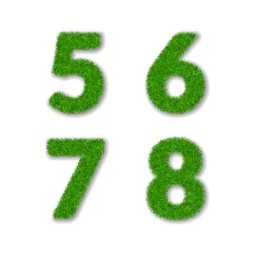 Grass numbers 5 6 7 8. Green 3D numbers five, six, seven, eight isolated on w Stock Illustration