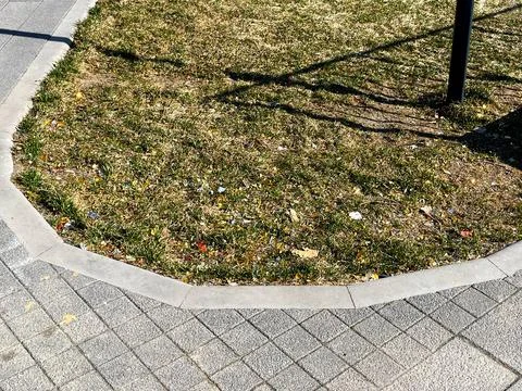 Grass patch scattered with litter next to a paved sidewalk Stock Photos