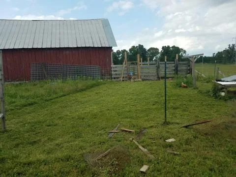 Grass path to barn Stock Photos