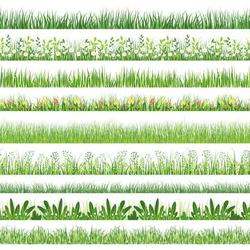 Grass pattern. Seamless horizontal print with cartoon weeds and grass with fl 스톡 일러스트