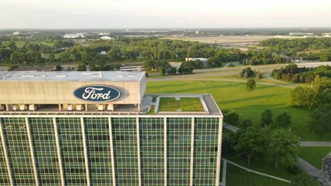 Grass plot on Ford Motors office building, aerial drone view Stock Footage 234296811