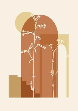 Grass sketch and abstract elements aesthetic illustration poster. Neutral ink Illustrazione stock