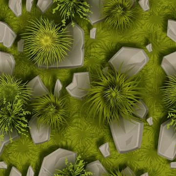 Grass stone vector seamless pattern, ground rock top view texture, green bush Stock Illustration