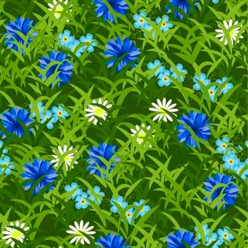 Grass texture with flowers. Seamless pattern for background Stock Illustration