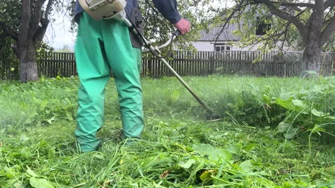 Grass Trimmer and Grass Cutter. Gardener mows weeds grass. Vídeo Stock 251468317