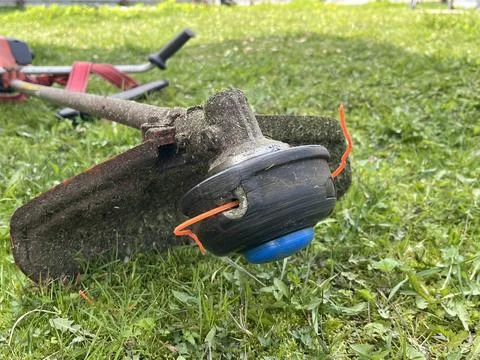 Grass trimming tool rests on green grass in a garden during daylight hours Stockfoto's