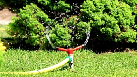 Grass watering Smart garden activated with full automatic sprinkler irrigation Vídeos de archivo 334657125