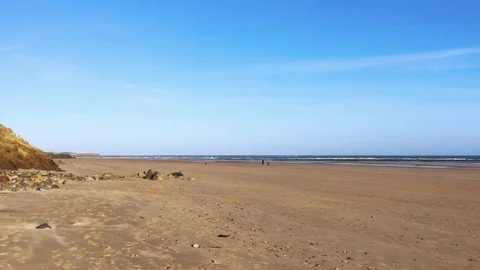 Grass waves in the wind, as waves rush to shore, on a lonely sandy beach 動画素材 73543596