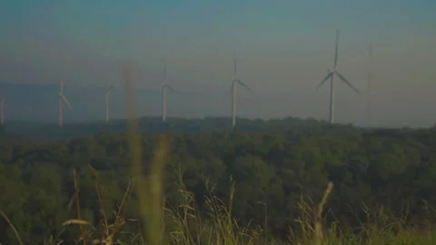 Grass on windy and blurred wind turbine on blue sky background Stock Footage 258979433