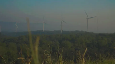 Grass on windy and blurred wind turbine on blue sky background Stock Footage 258979517