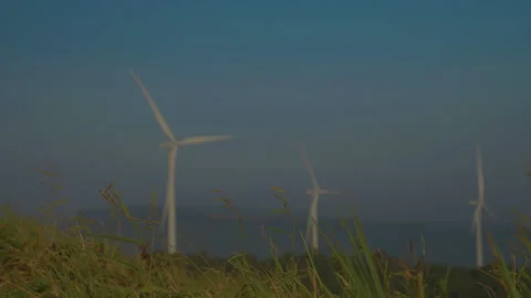 Grass on windy and blurred wind turbine on blue sky background Stock Footage 258981634
