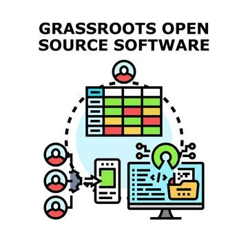 Grassroots open source software development community distributing Stock Illustration