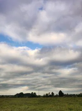A grassy field with a cloudy sky in the background Stock-Fotos