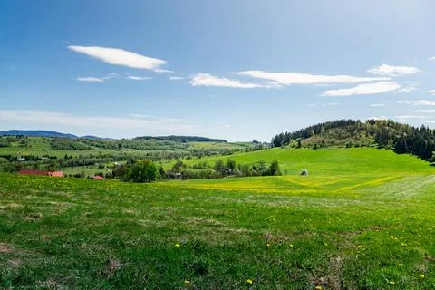 Grassy Field With Hill in Background Stock Photos
