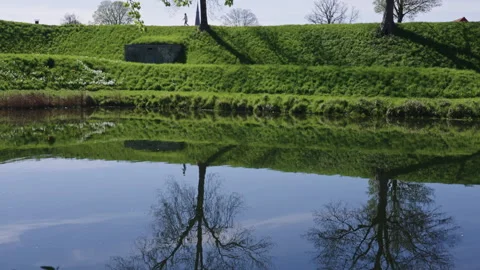 Grassy Hill and Tree Reflections in Water with Person Walking Stock Footage 309459800