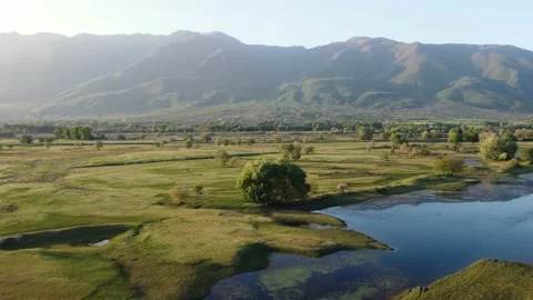 Grassy Lake Fields Mountain Background 스톡 동영상 192018151
