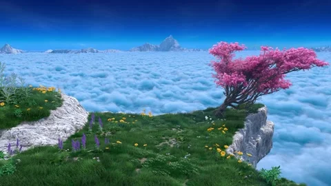 Grassy mountain edge and tree above clouds Stock Footage 338166326