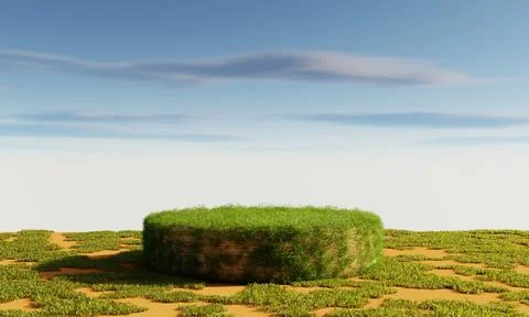 Grassy podium with cloudy blue sky background. Nature and abstract object f.. Stock Illustration