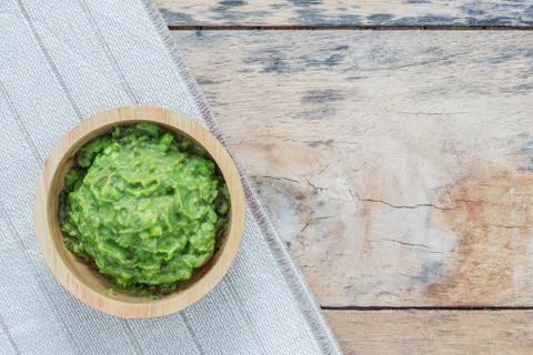 Grated avocado on a tablecloth. Stock Photos