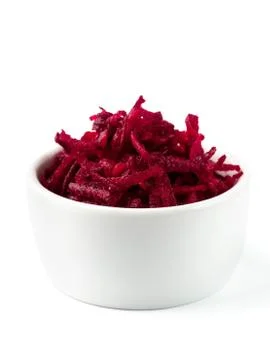 Grated beetroot in ceramic bowl isolated on white 스톡 사진