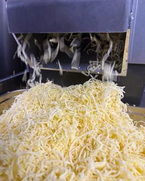 Grated cheddar cheese falling from the electric grater machine Stock Photos