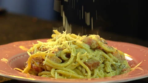 Grated Cheese Falling on Cooked Spaghetti Slow 스톡 동영상 145643386