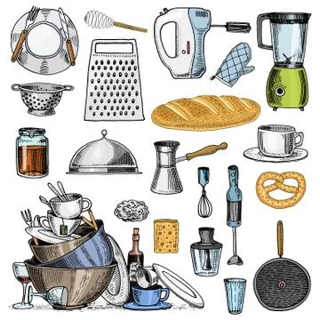 Grater and whisk, frying pan, Turk for coffee, cup of tea, mixer and baked loaf Stock Illustration