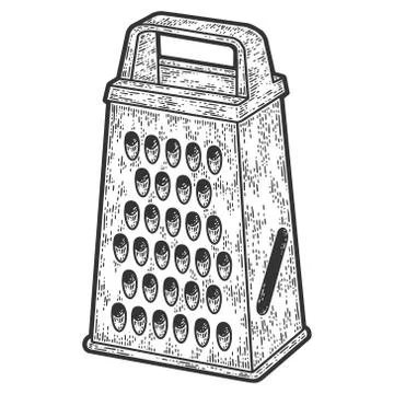 Grater, kitchen tool. Sketch scratch board imitation. Black and white. Stock Illustration