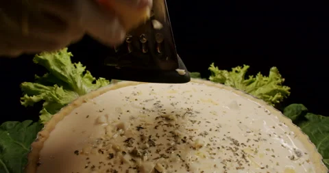 Grating Cheese Cooking Pie, Quiche, Close Up Hands, Cinematic Slow Motion Stock Footage 242440331